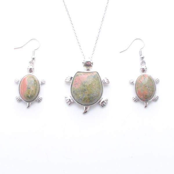 

popular fashion women jewelry set dangle earrings necklace stone unakite jaspers cute tortoise animal shape chain 45cm q3104, Silver