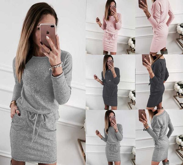 

round neck long sleeve simple slim pocket dress short skirt, Black;gray