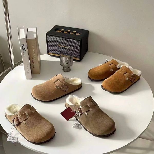 

half slippers new designer women winter slides fur buckle flat heel soft muller shoes luxury wool indoor fashion booties classic brand outdo, Black