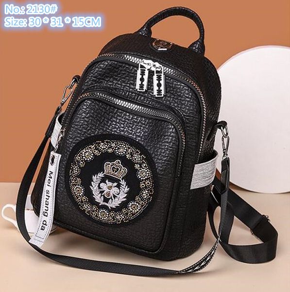 

Wholesale factory ladies shoulder bags sweet and fashionable studded handbag street personality rivet backpack fashion embossed leather embroidered handbags, Black-2130#