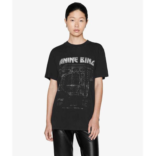 

women's t-shirt anine bing cotton round neck tee shirt letter drawing printed black short sleeve women designer t-shirt, White
