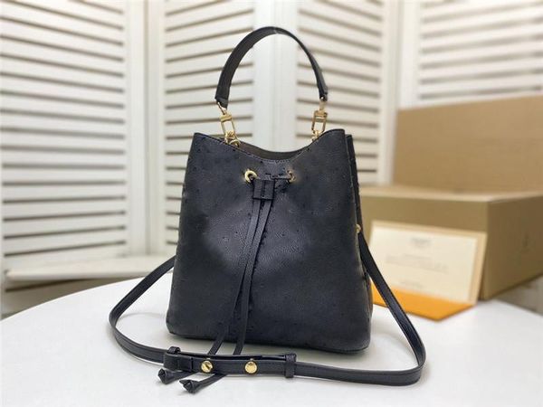 

Designer Luxury NEONOE MM Shoulder bag M45497 Grain Leather BLACK TRUNKS BANDEAU SCARF Leather bucket bag Size 26 26 17.5CM New