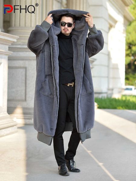 

men's fur faux fur pfhq 2022 autumn winter new men's long imitation rabbit hair coat loose trendy fashion faux fur thickened warm, Black