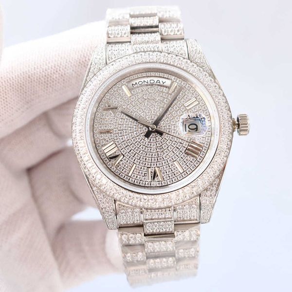 

wristwatches diamond watch mens automatic mechanical watch 41mm with diamond-studded steel fashion busins wristwatch bracelet waterproof mon, Slivery;brown