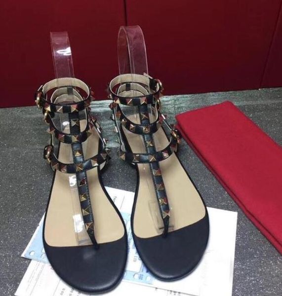 

classics rivets sandals v genuine leather flip flops brown nude matte flat bottom shoes peep toe sandal with box big size 44, Black