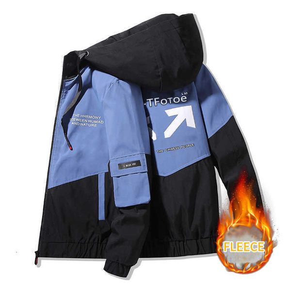 

men's jacket with hood autumn and winter korean style fashion casual coats male fleece flight jackets trendy brand cargo, Black