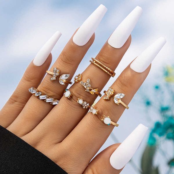 

jewelry butterfly diamond open ring set geometric alloy luxury seven piece ring set, Silver
