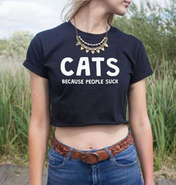 

women summer crop t shirt cats because people suck print short slim funny, White