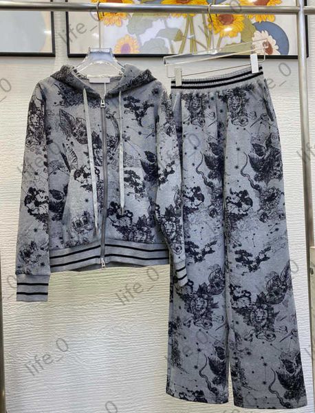 

brand womens two piece pants full-body printed zipper hooded coats elastic waist loose sports trousers fashionable women tracksuits 1970, White