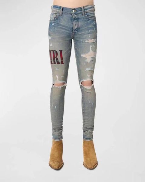 

hm595 mens jeans distressed motorcycle biker jean rock skinny slim ripped hole stripe fashionable snake embroidery denim pants, Blue