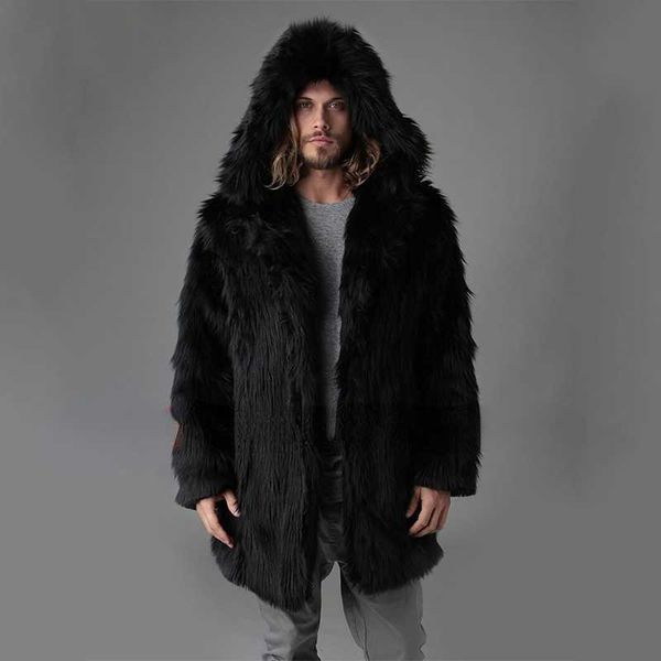 

men's fur faux new coat medium long leisure mink imitation fashion hooded sleeve overcoat t221102, Black