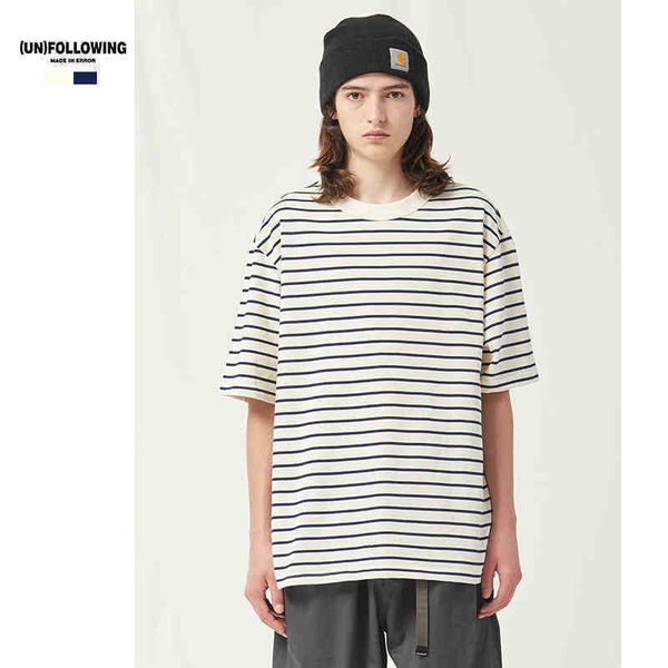 

unf2022 spring and summer new wash water short sve double yarn pure cotton basic bottomed round neck blue stripe t-shirt, White;black