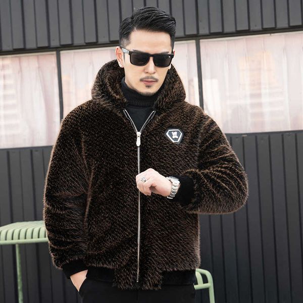 

men's fur faux winter new hooded gold mink velvet coat short integrated thickened warm and loose imitation casual men t221102, Black