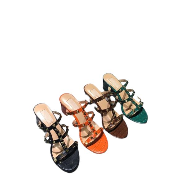 

fashion sandals with thick heels luxury women's rivets french round head designers springsummer and autumn lettered designer shoes, Black
