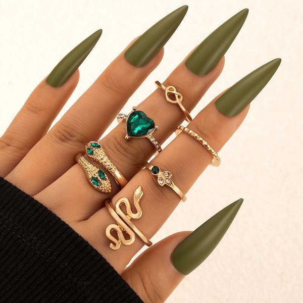 

new green inlaid love ring set geometric snake zodiac six piece ring set, Silver