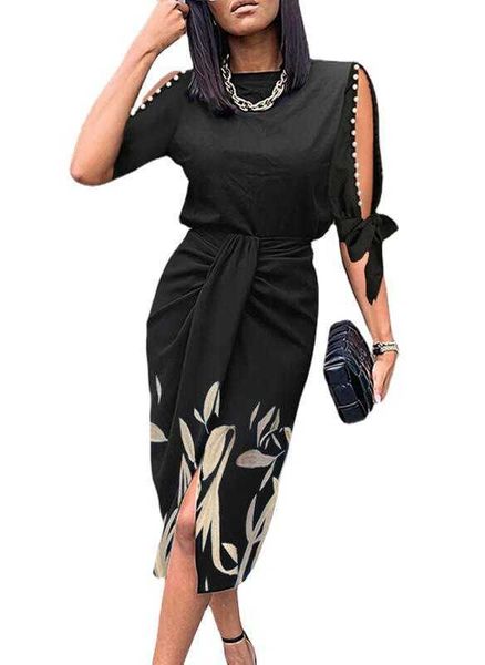 

2022 women's spring and autumn new printed hollow lace up pleated dress, Black;gray