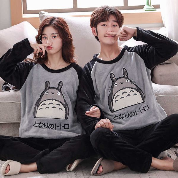 

men's sleepwear autumn winter flannel sleepwear couple pajama sets women cartoon cute home wear men pijama clothes lovers casual pyjama, Black;brown