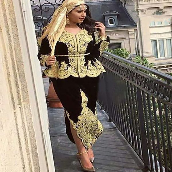 

traditional karakou caftan evening dresses long sleeves black velvet sheath formal party gowns gold lace appliques ankle length moroccan kaf, Black;red