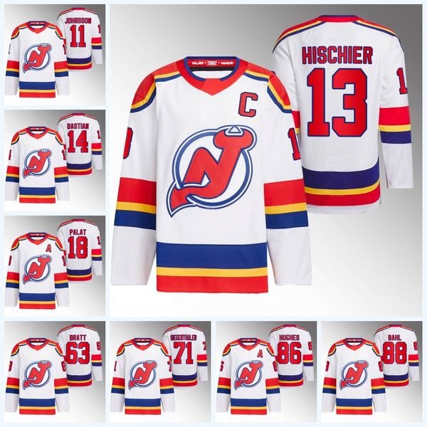 

nico hischier devils 23 reverse retro new jersey jack hughes jesper bratt ondrej andreas johnsson miles wood mackenzie blackwood erik haula, Black;red