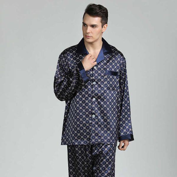 

men's sleepwear casual sleepwear men pajamas set 2pcs shirt pants satin faux silk nightwear print pijamas soft pjs set intimate lingeri, Black;brown