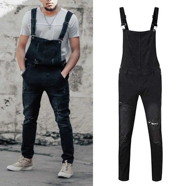 

fashionable men's suspender denim jumpsuit torn denim pants, Blue