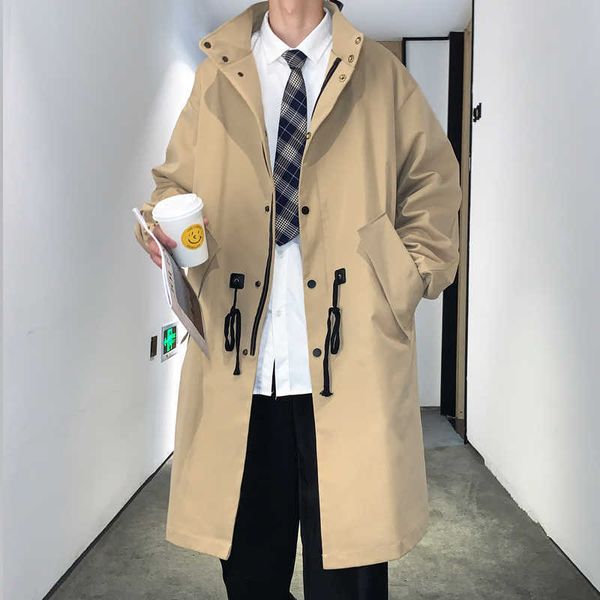 

men's trench coats trench men fashion turn down collar solid trench coat autumn winter single-breasted fake 2021 windbreaker casual ove, Tan;black
