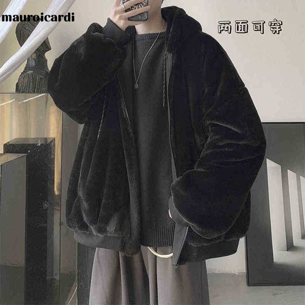 

men's fur faux mauroicardi winter oversized black warm thick parka with inside hood long sleeve korean fashion men 2021 reversible coat