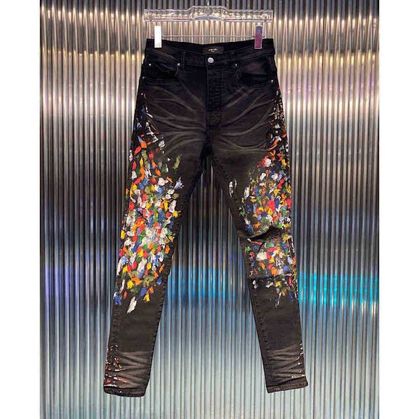 

new high street amirs water wash old black spray paint graffiti hole slim fit small foot jeans men, Blue