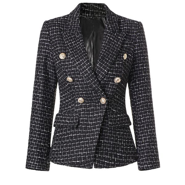 

high-quality plaid pattern double-breasted office lady classic blazer, White;black