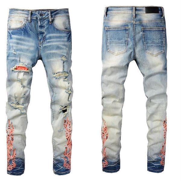 

mens jeans skinny fit patch vintage distress ripped destroyed stretch biker denim black slim hip hop pants for men jea1977, Blue