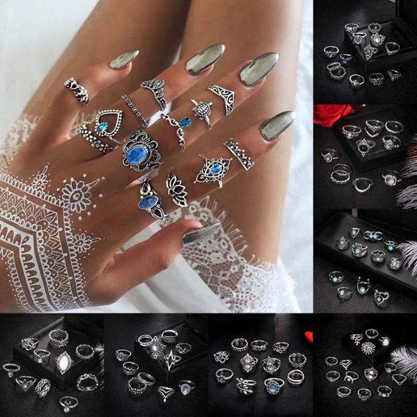 

bohemia crown lotu leaf star elephant moon charm cluster rings stacking midi knuckle ring set for women fashion jewelry gift will and sandy, Golden;silver