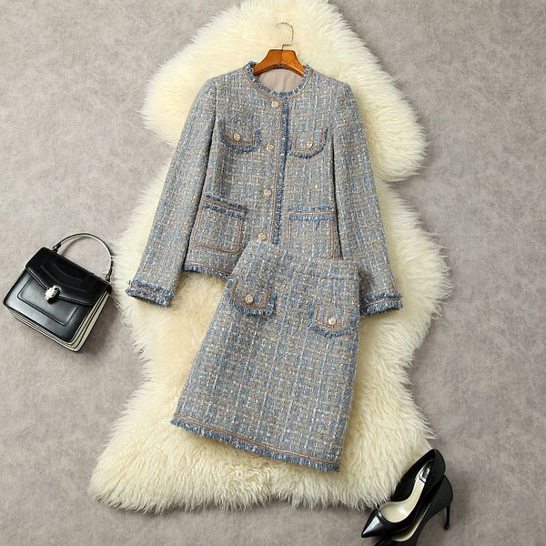 

2022 autumn gray contrast color two piece dress sets long sleeve round neck tweed single-breasted coat & high waist tassel short skirt suits, White