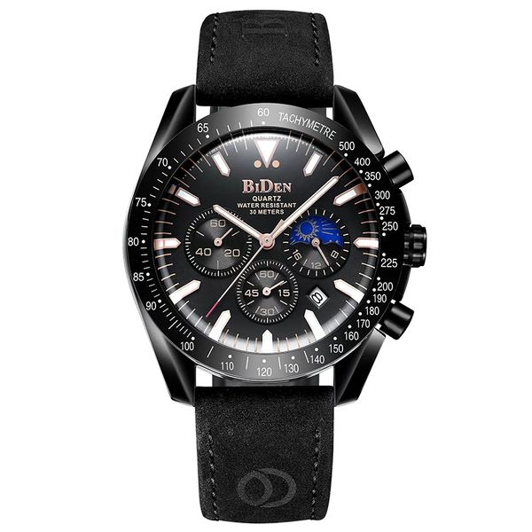 

multifunctional six hand quartz watch leather strap men's chronograph fashion luminous watch, Slivery;brown
