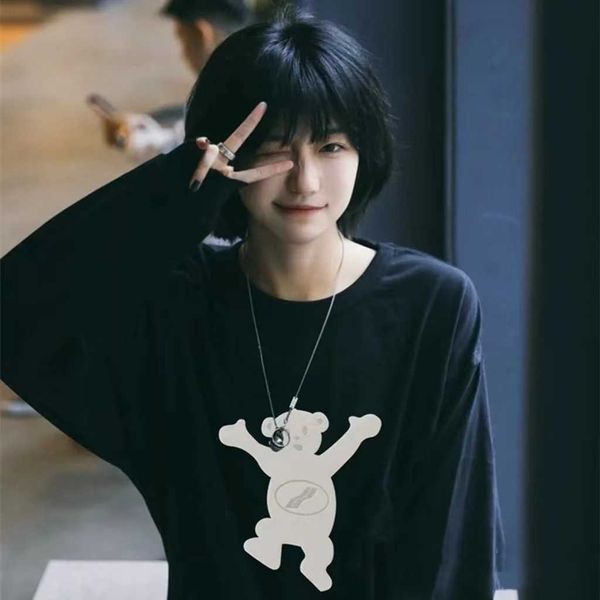 

flocking done women's well hoody teddy bear printed long sleeved t-shirt loose casual sweater men women hoodies sweatshirt graffiti 11, Black