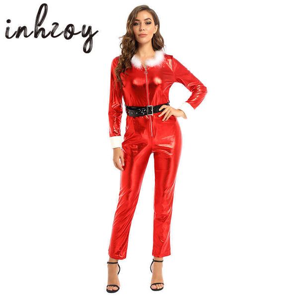 

set women christmas costume clubwear long sleeves furry front zipper jumpsuit holiday santa claus cosplay party ladies xmas dress up t221103, Red;black