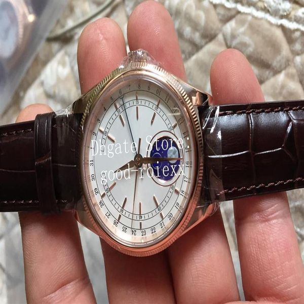 

3 style watches for men steel rose gold mechanical 2813 watch men's cellini 50535 leather enamel moonphase date moon display 290g, Slivery;brown
