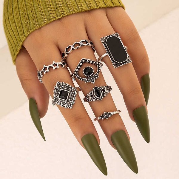 

new ring set diamond heart star geometry women's seven piece ring set, Silver
