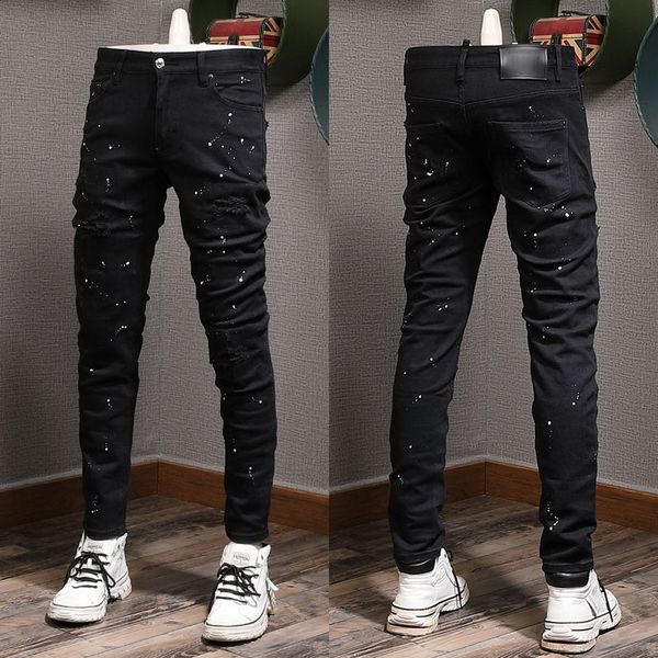 

painted damage jeans man distressed patches skinny fit black vintage biker fit denim, Blue