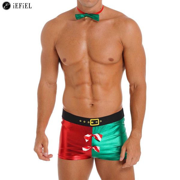 

set men' elf christmas costume santas helper color blocked boxer shorts underwear with bow tie xmas holiday santa claus underpants t22, Red;black