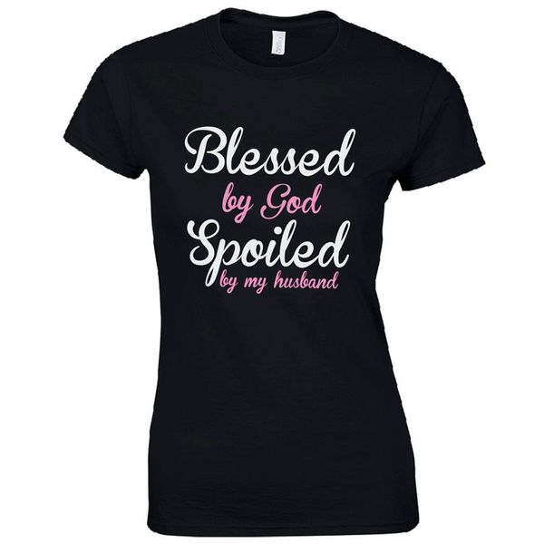 

fashion-blessed by god spoiled by my husband ladies fitted t-shirt - funny wife joke 151, White
