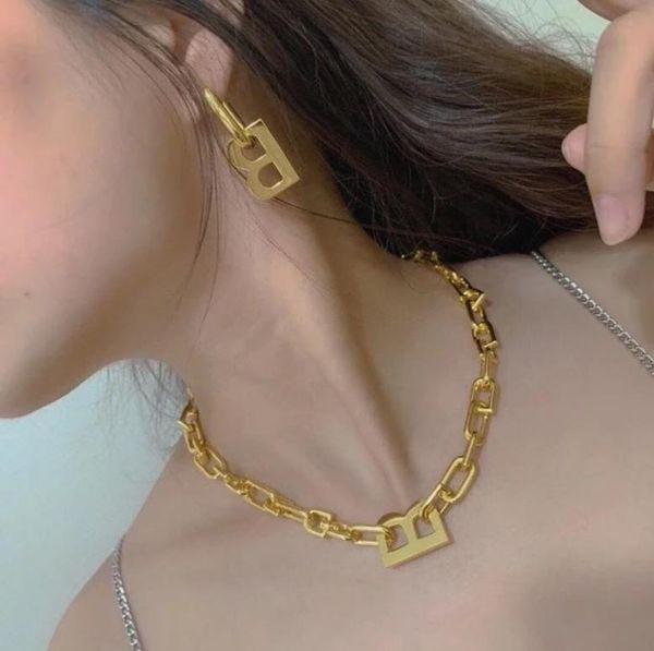 

b great steel letter thick chain necklace female exaggerated temperament retro glamorous earrings famous brand women punk 18k gold, Black
