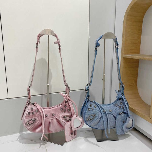 

aher max fashion lecagole leather balenicass biker bag women's 2023 new net red rivet velvet motorcycle spice girl portable underarm si