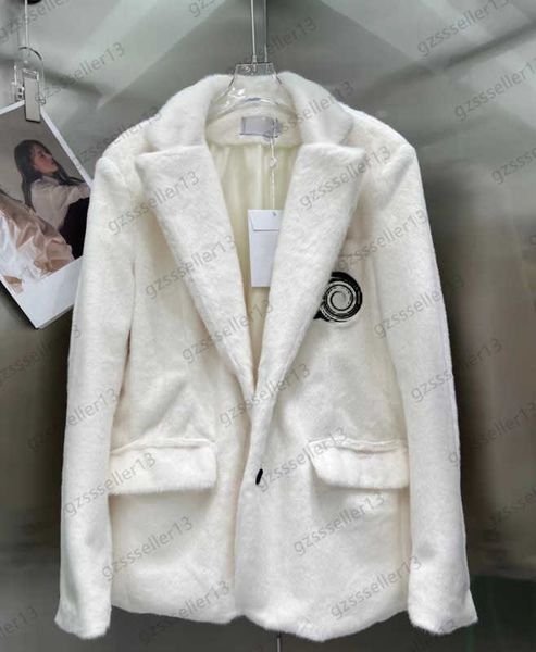 

womens jacket logo printed lapel plush suit jackets buttons front opening flap pockets soft lining warm comfortable coats gentle lady style, Black;brown