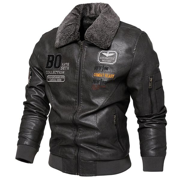

men's leather black gray jacket men winter fleece new lamb wool coat man hippie warm coats hip hop college man sportswear designer base