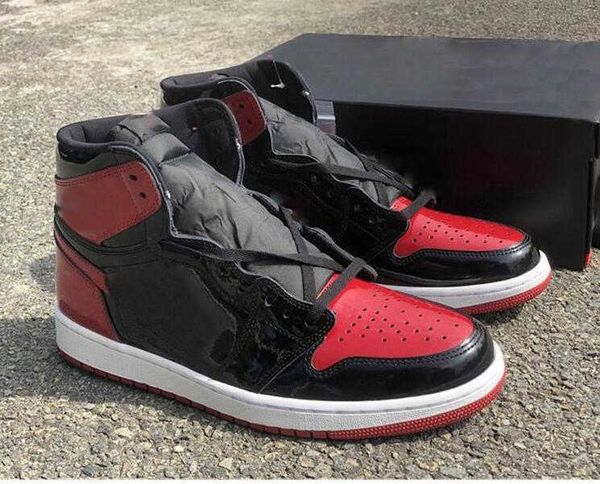 

designer shoes size us 5.5-12 1 high og bred patent basketball 1s black white-varsity red womens sports sneakers