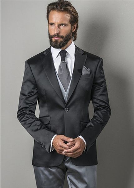 

custom made men suits satin groom tuxedos notch lapel groomsmen wedding/prom/dinner man blazer jacket pants vest w786, Black;gray