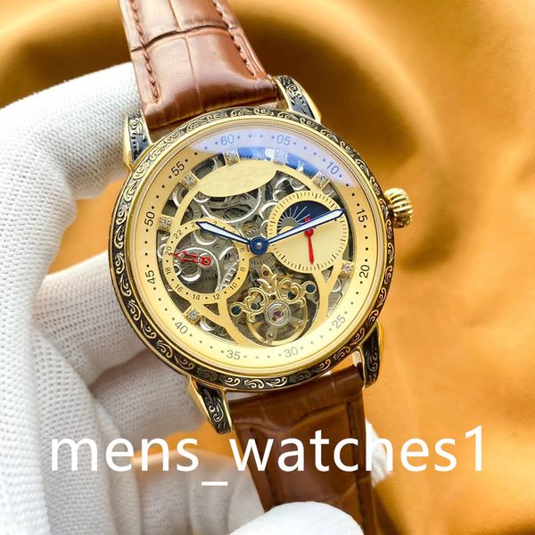 

new men's luxury watch full automatic mechanical movement with powerful hollow design grade 316 fine steel case band mineral super mirr, Slivery;brown