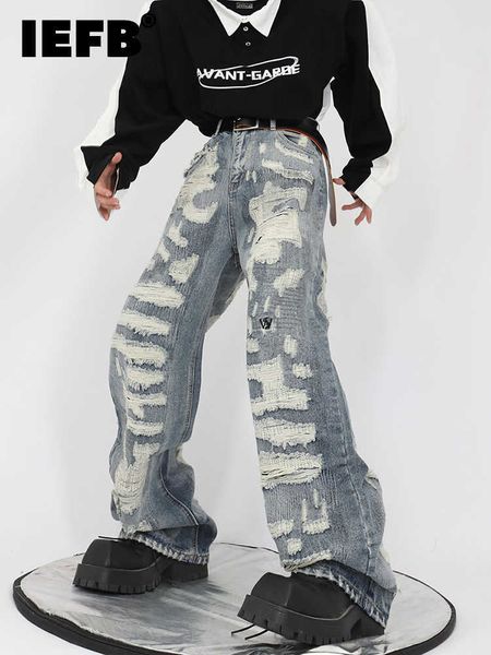 

men's jeans iefb vintage niche men jeans high street loose straight 2022 wide leg pants american fashion hole design male trousers 9a54, Blue