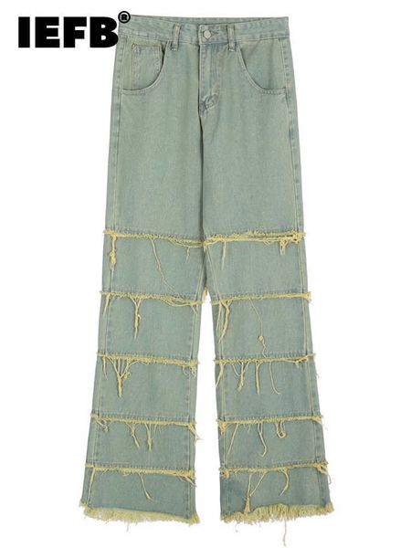 

men's jeans iefb patchwork frayed fringe jeans high street style 2022 new fashionable men casual colour blocking denim trousers 9a2006, Blue
