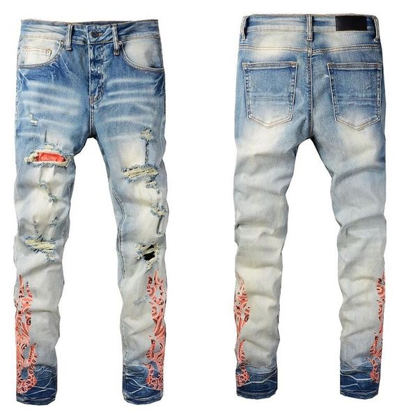 

mens jeans skinny fit patch vintage distress ripped destroyed stretch biker denim black slim hip hop pants for men jea267z, Blue